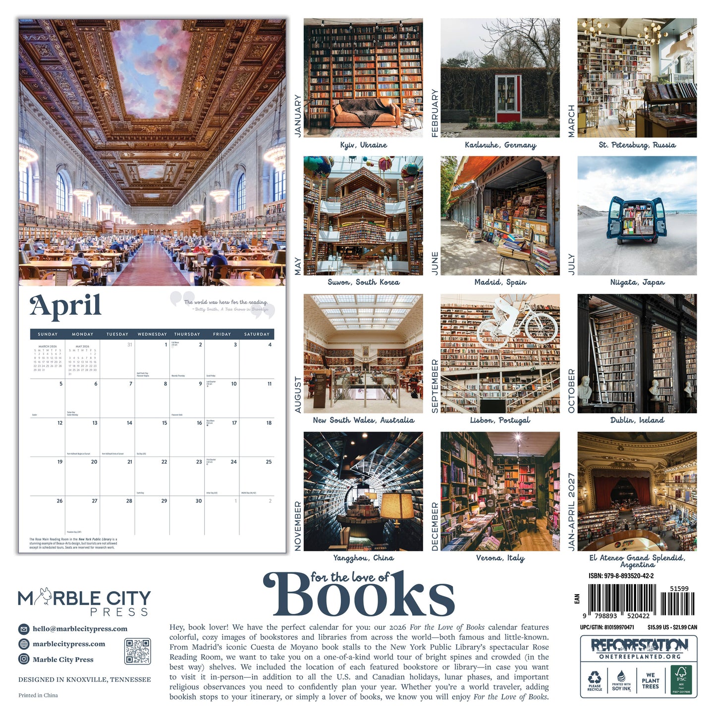 For the Love of Books 2026 Wall Calendar Marble City Press