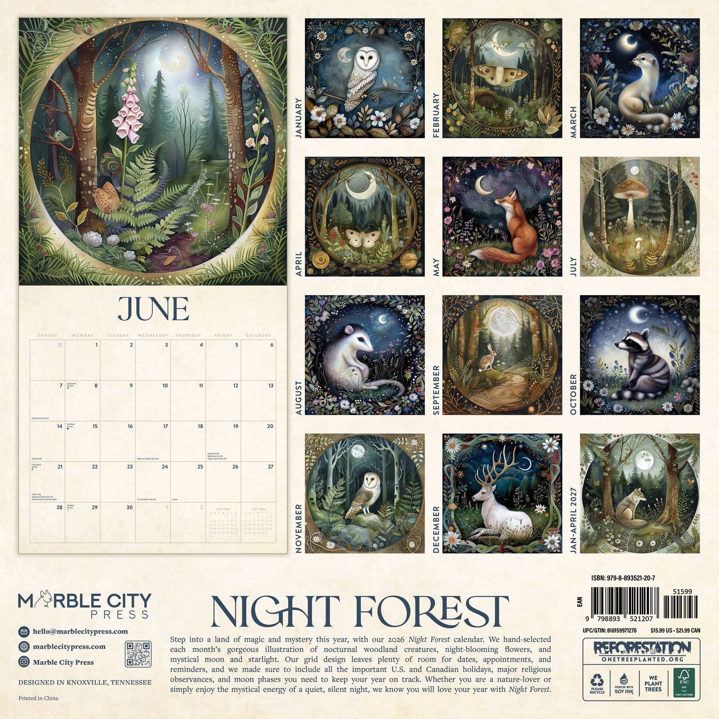Night Forest 2026 Wall Calendar Marble City Press