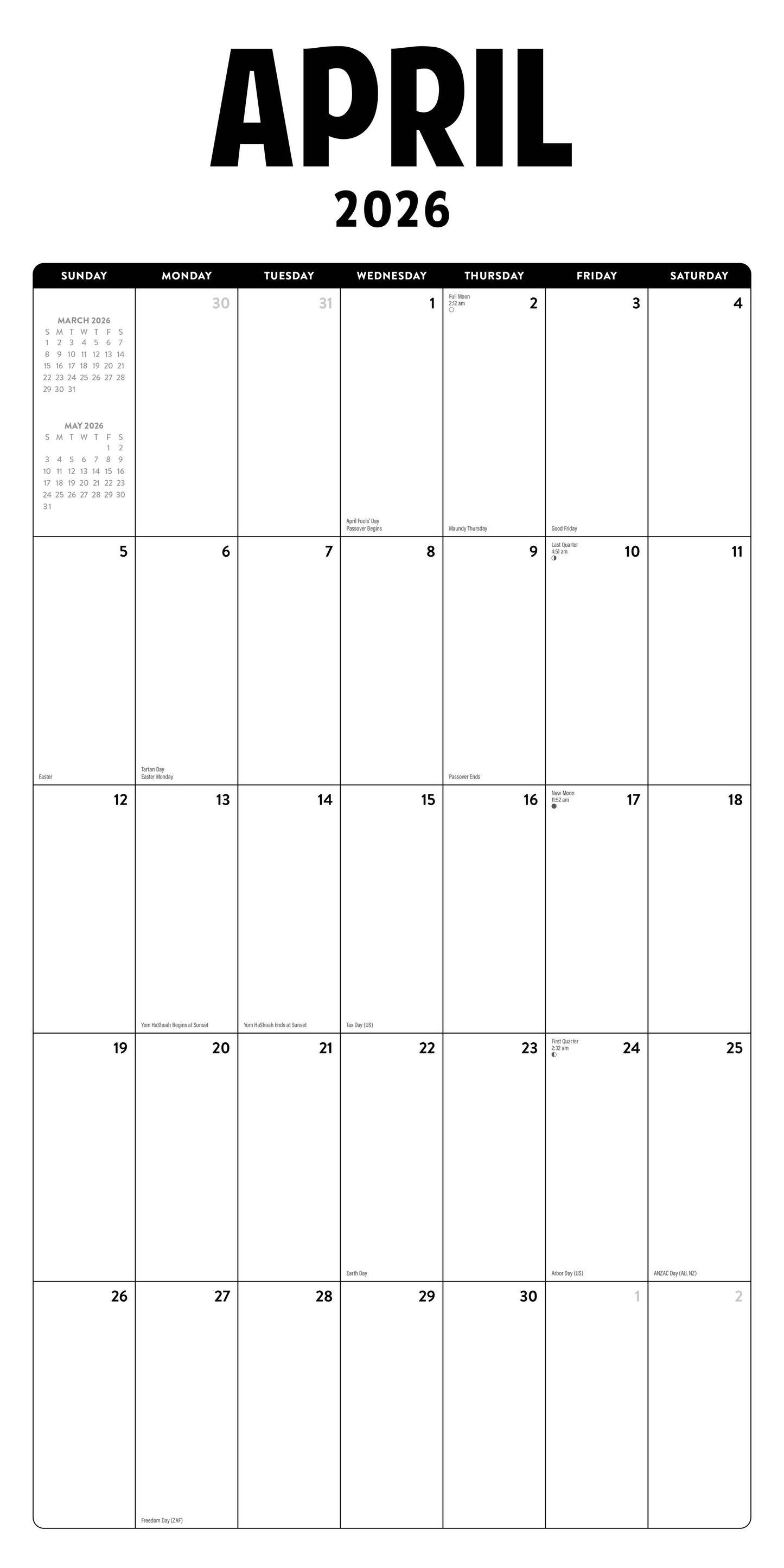 Large Grid B&W 2026 Wall Calendar Marble City Press