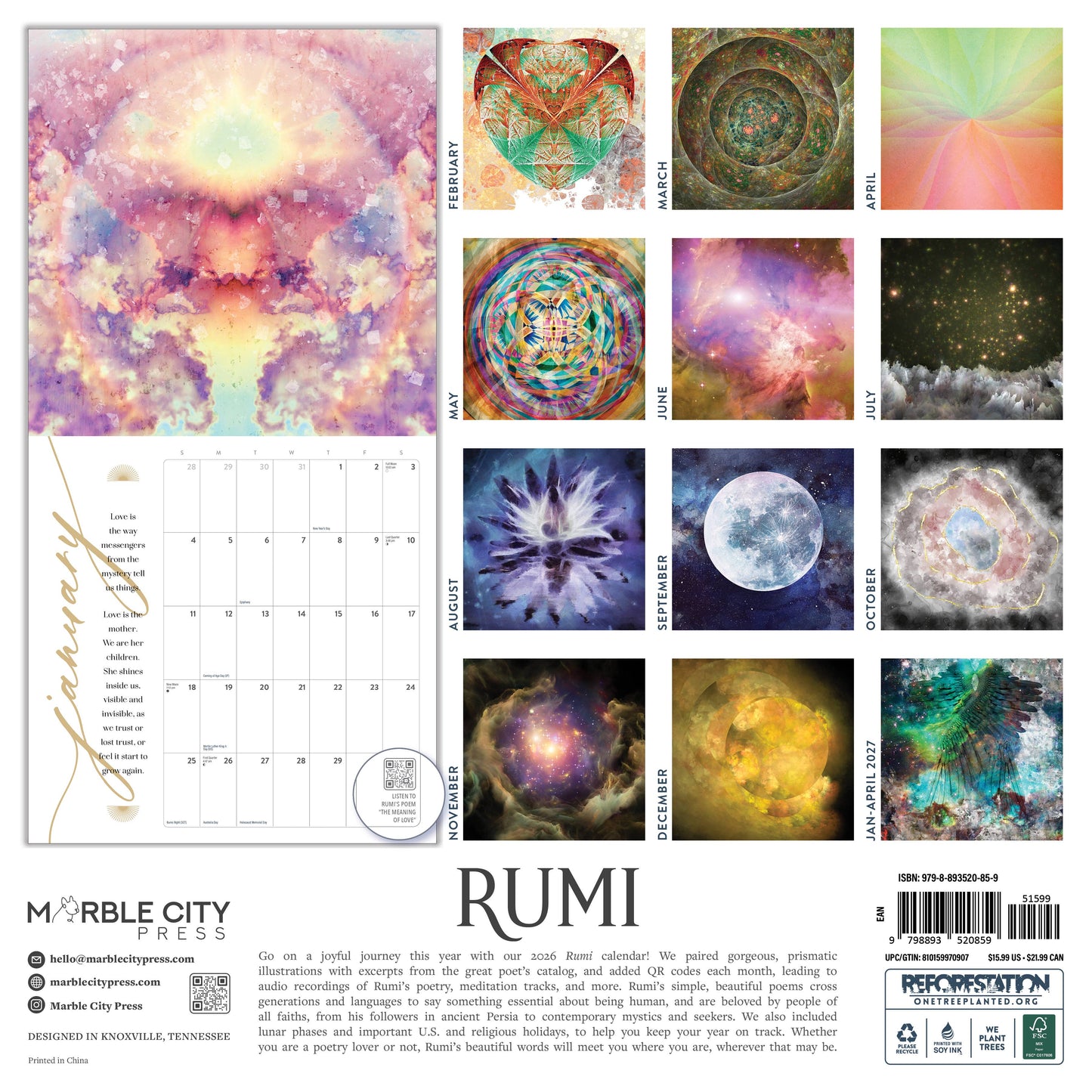 Rumi 2026 Wall Calendar Marble City Press