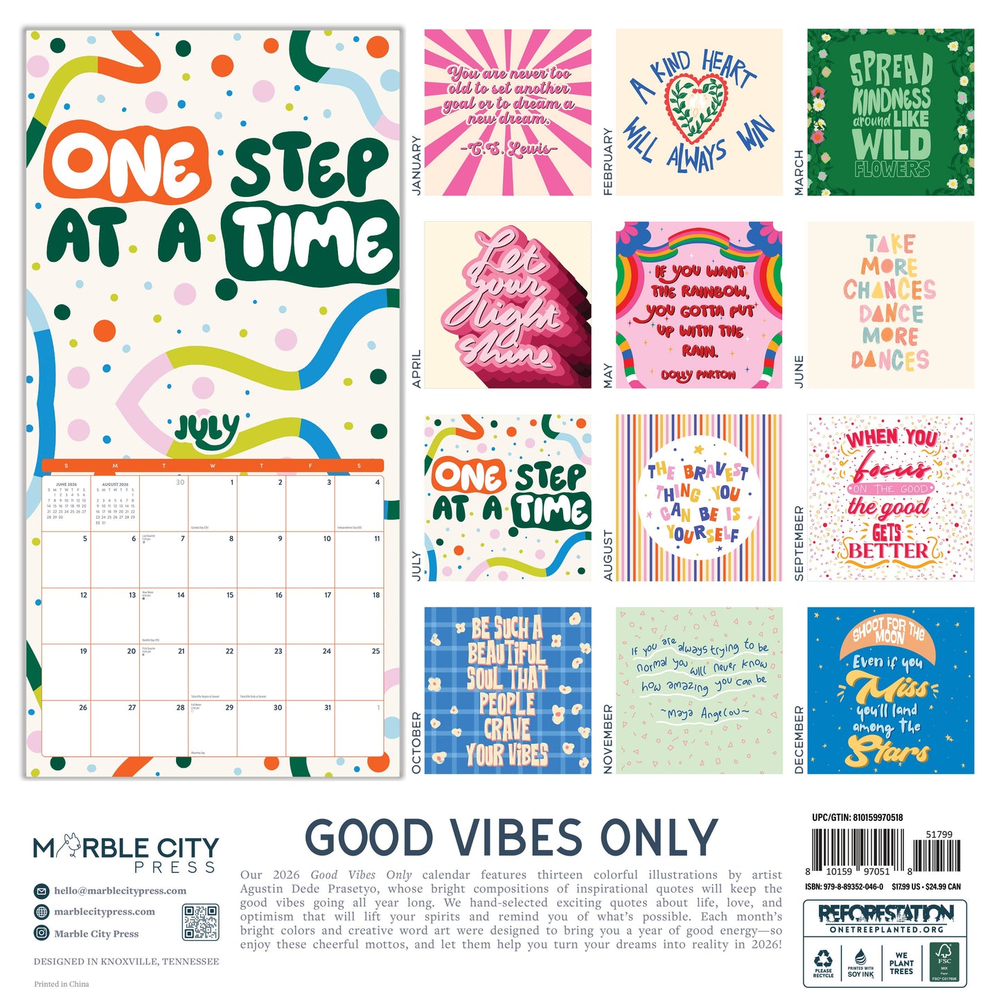 Good Vibes Only 2026 Wall Calendar Marble City Press