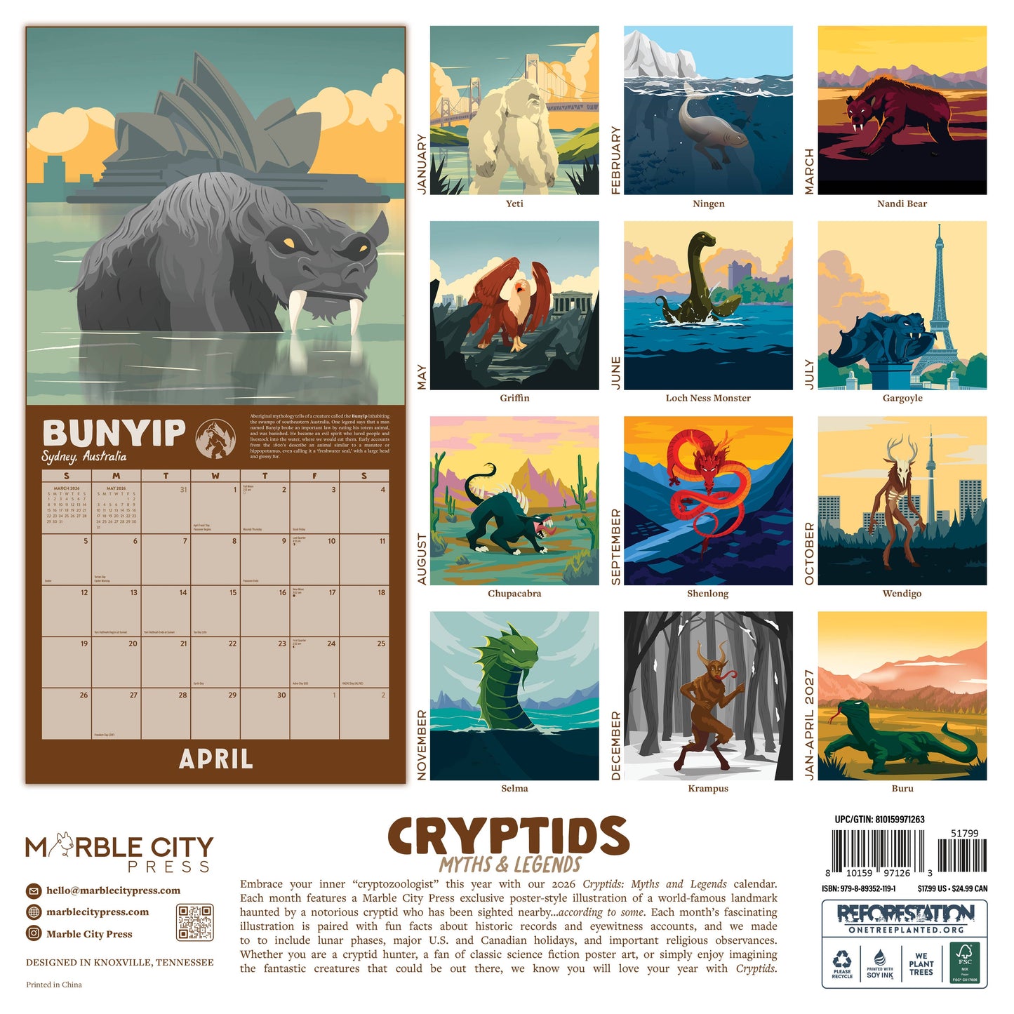Cryptids 2026 Wall Calendar Marble City Press